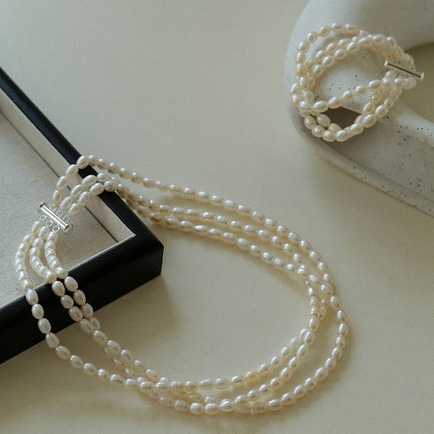 Triple Layer Freshwater Pearl Necklace and Bracelet Set - House Of Pearls